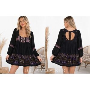 Free People Rhiannon Embroidered Babydoll Dress Tunic Black Aztec Boho Small